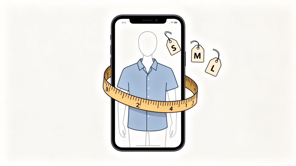 Smartphone app illustration measuring a person's torso for clothing sizes, aiming to reduce returns.
