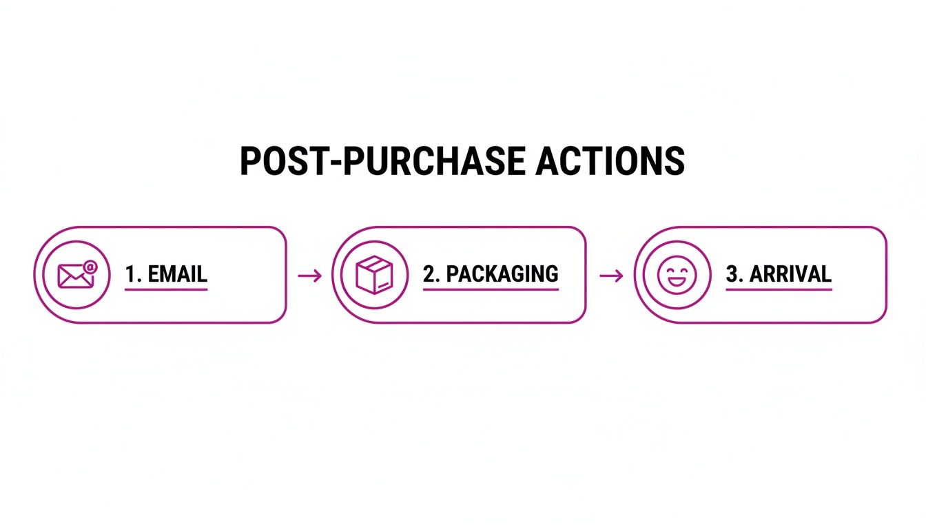 Flowchart showing post-purchase actions: 1. email confirmation, 2. packaging, and 3. arrival.