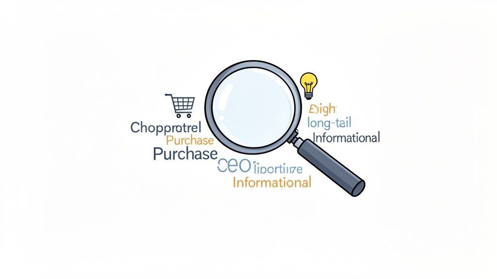 Magnifying glass examining search terms like 'Purchase,' 'Informational,' and 'long-tail,' with shopping cart and lightbulb icons, symbolizing keyword research.