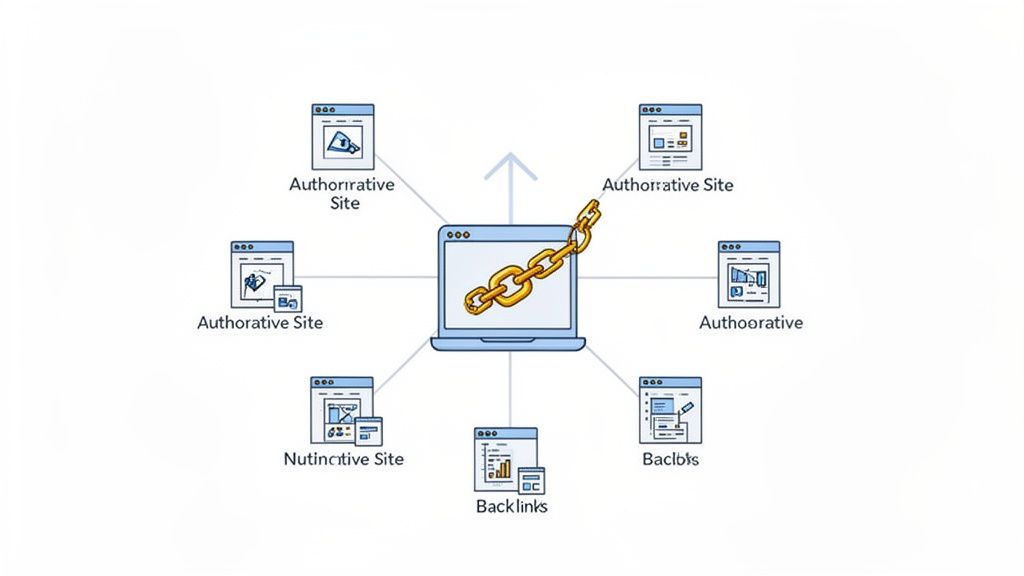 An illustration of a laptop representing a website, connected by a chain of backlinks from multiple authoritative sites, improving its ranking.