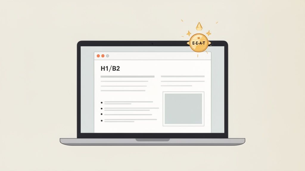 A laptop screen displaying web content and a golden E-E-A-T badge, representing SEO quality.