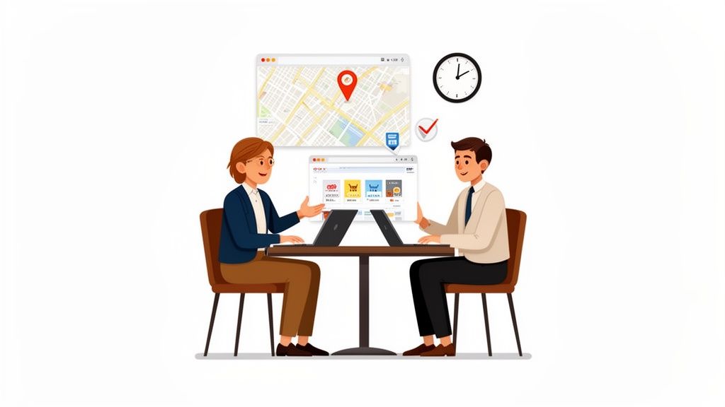 Two professionals discuss e-commerce strategy using laptops, a map showing location, and a clock.