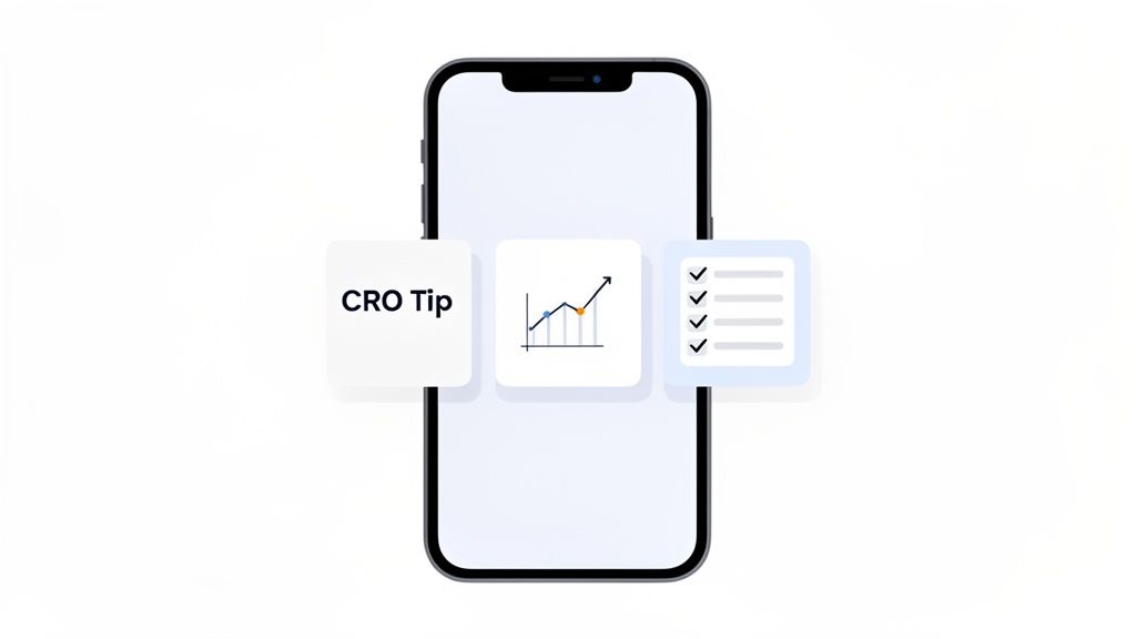 A smartphone displays 'CRO Tip', a rising bar chart, and a checklist, illustrating conversion rate optimization.