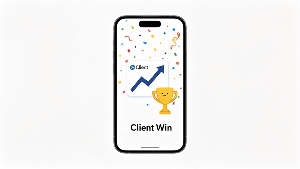 A smartphone screen displays an app celebrating 'Client Win' with a growth chart, trophy, and confetti.