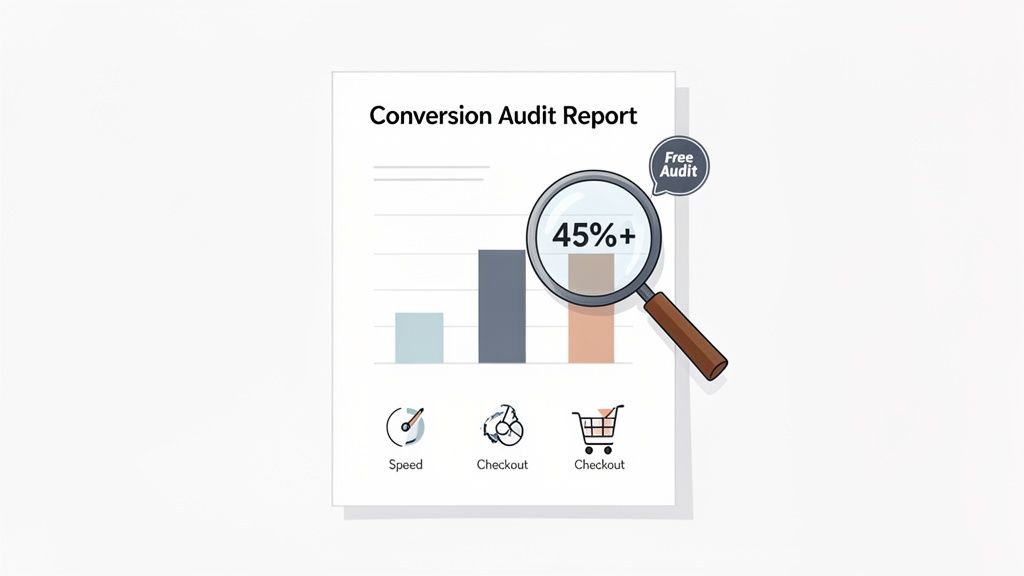 Conversion Audit Report graphic showing a bar chart, magnifying glass highlighting 45%+ improvement, and a 'Free Audit' bubble.