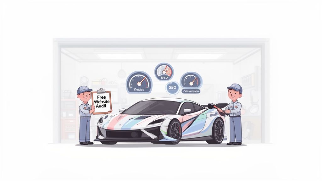 Two mechanics performing a free website audit on a vibrant sports car, with gauges for SEO and conversion optimization.