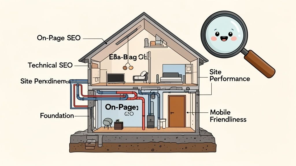 A house diagram illustrates a website SEO audit, covering on-page, technical, site performance, and mobile friendliness.