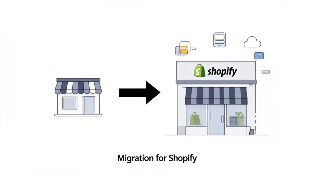 A graphic showing a basic store transforming into a modern Shopify e-commerce business with digital services.
