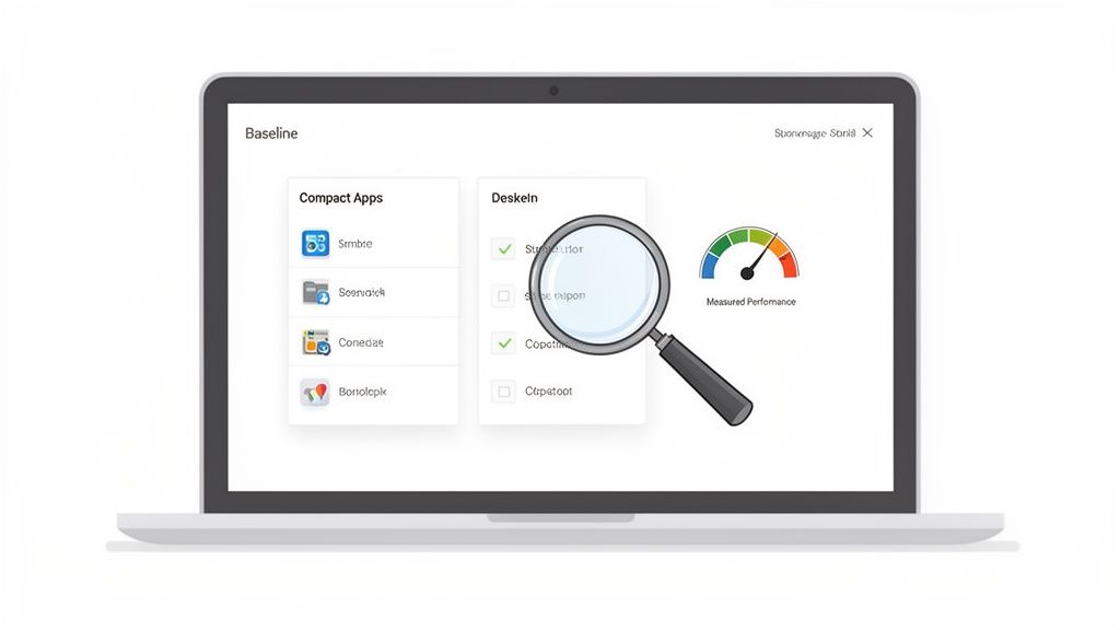 A laptop displays a software interface with app lists, checkboxes, a performance gauge, and a magnifying glass.