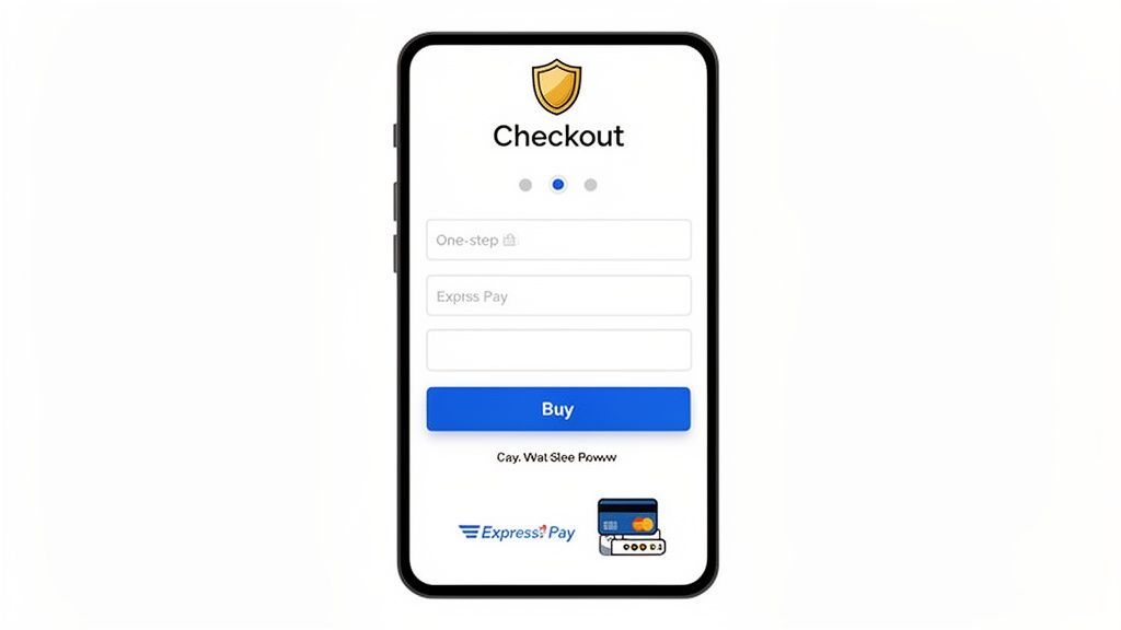 A smartphone displays a secure checkout screen with payment options and a 'Buy' button.