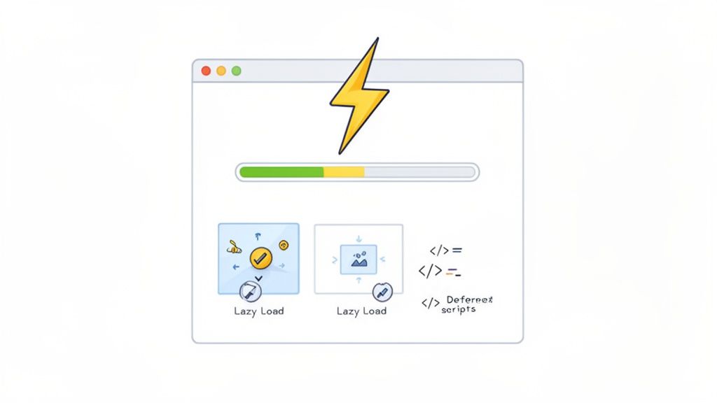 Illustration of a browser window showing website optimization with lazy loading and deferred scripts for improved speed.