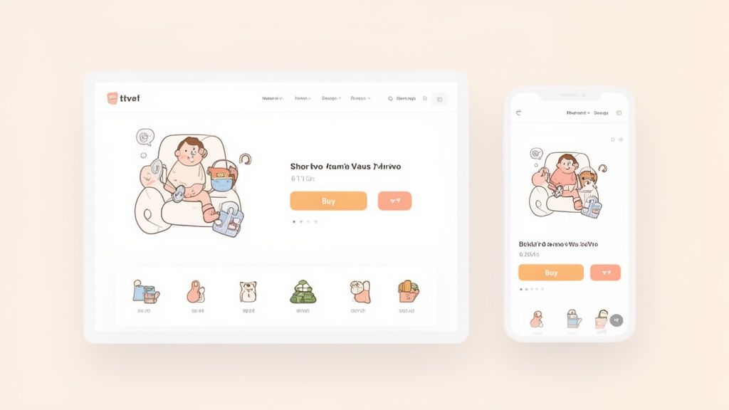 A tablet and mobile phone displaying a product page with a cartoon illustration and a 'Buy' button.