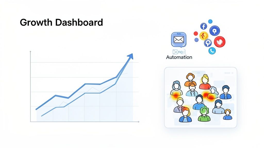 Growth dashboard displaying an upward trend graph, automation, and user engagement analytics with a heatmap.
