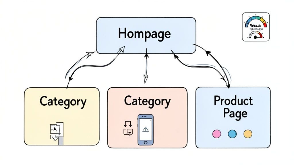 Diagram showing a website's navigation flow from homepage to category and product pages.