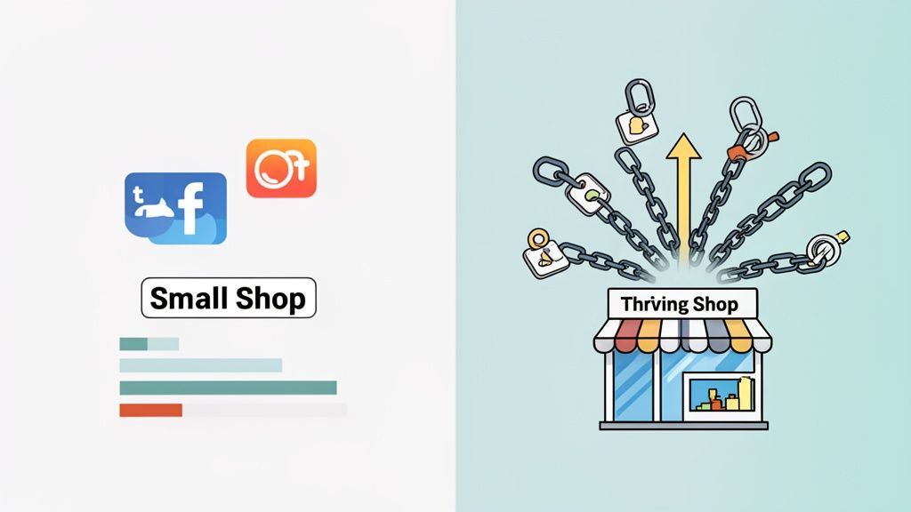 Illustration showing a small shop with limited social media and a thriving shop with strong SEO backlinks driving growth.