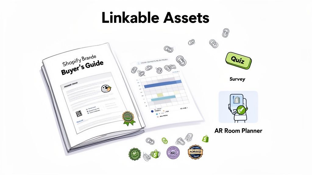 Illustration of various linkable assets including a buyer's guide, data report, survey, and AR room planner.