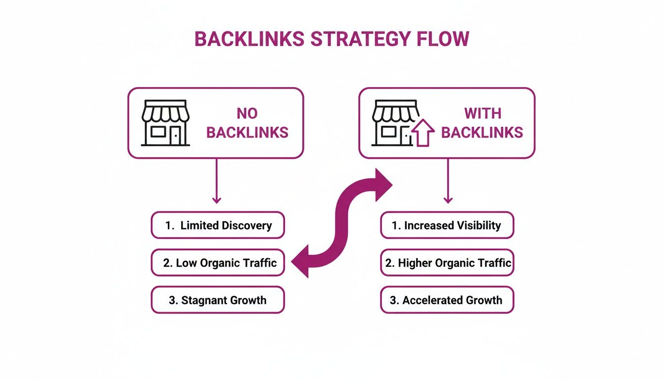 Flowchart illustrating the positive impact of backlinks on SEO, visibility, organic traffic, and business growth.