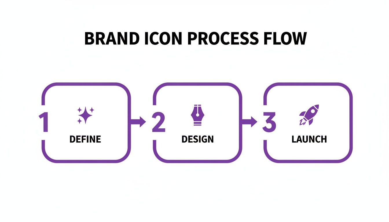 A brand icon process flow diagram outlining three steps: Define with stars, Design with a pen, and Launch with a rocket.