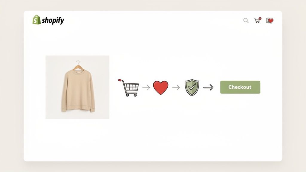 Shopify e-commerce product page showing a sweatshirt, adding to cart, wishlist, security, and checkout process.