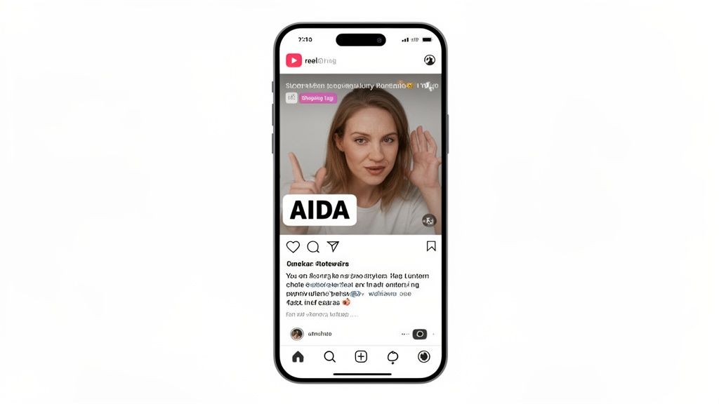 A smartphone displaying an e-commerce advertisement on a social media reel, featuring a woman, a "Shopping Tag," and "AIDA" marketing text.