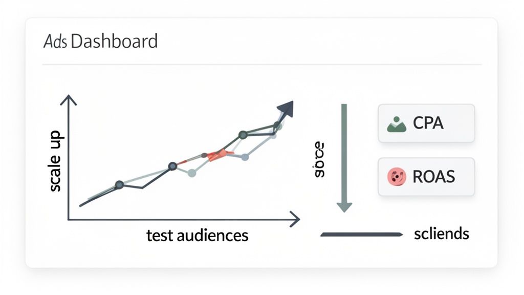 Ads dashboard displaying a graph of scaling ads with test audiences, alongside CPA and ROAS metrics.