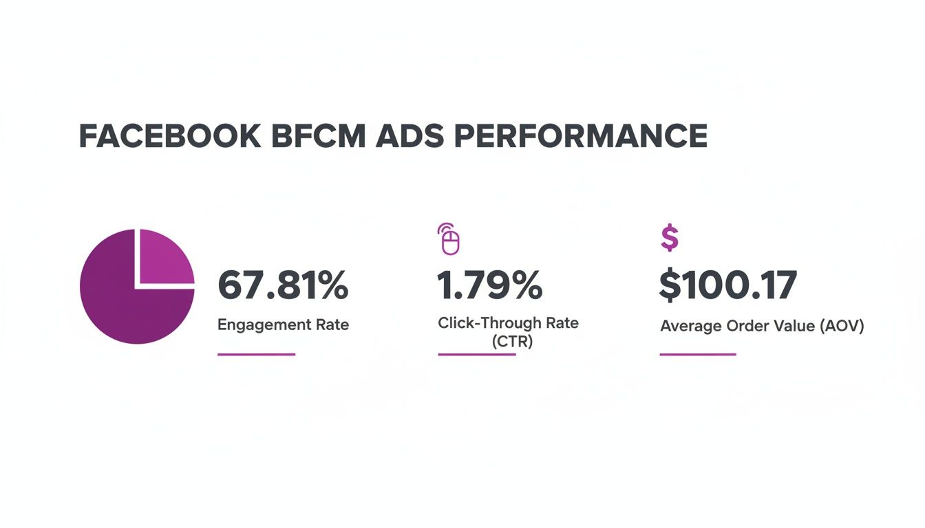 Facebook Black Friday Cyber Monday ads performance data, showing engagement rate, click-through rate, and average order value.