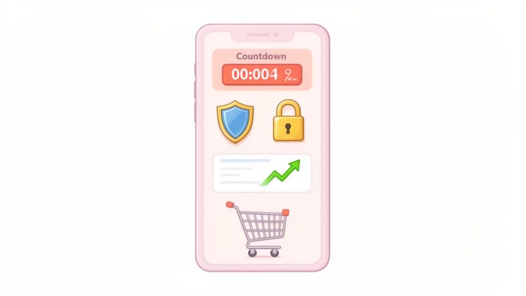 Smartphone displaying e-commerce features: countdown, security shield, padlock, growth chart, and shopping cart.