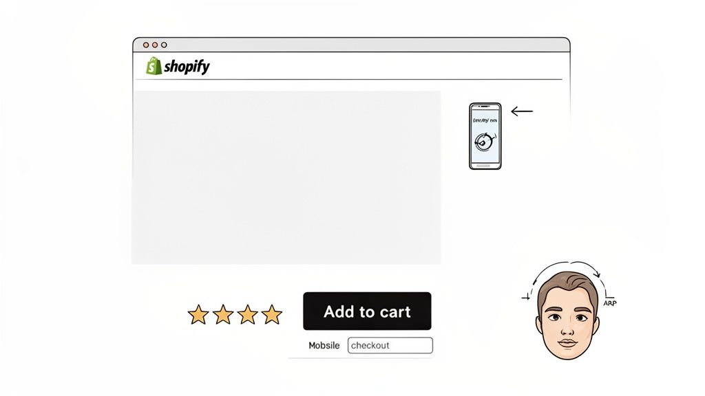 Shopify e-commerce interface with mobile AR try-on for beauty products and checkout options.