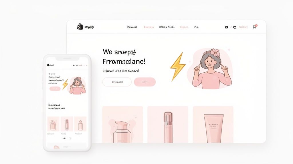Clean e-commerce website and mobile app for beauty products with a cheerful woman illustration.