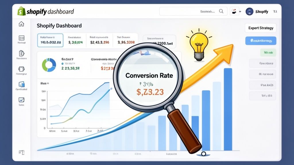 A digital Shopify dashboard interface featuring a magnifying glass focused on an increasing conversion rate metric.