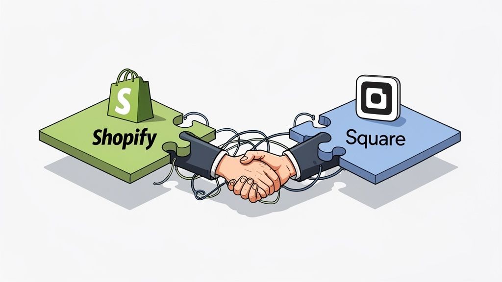 A digital illustration showing a handshake between two puzzle pieces, representing Shopify and Square business integration.