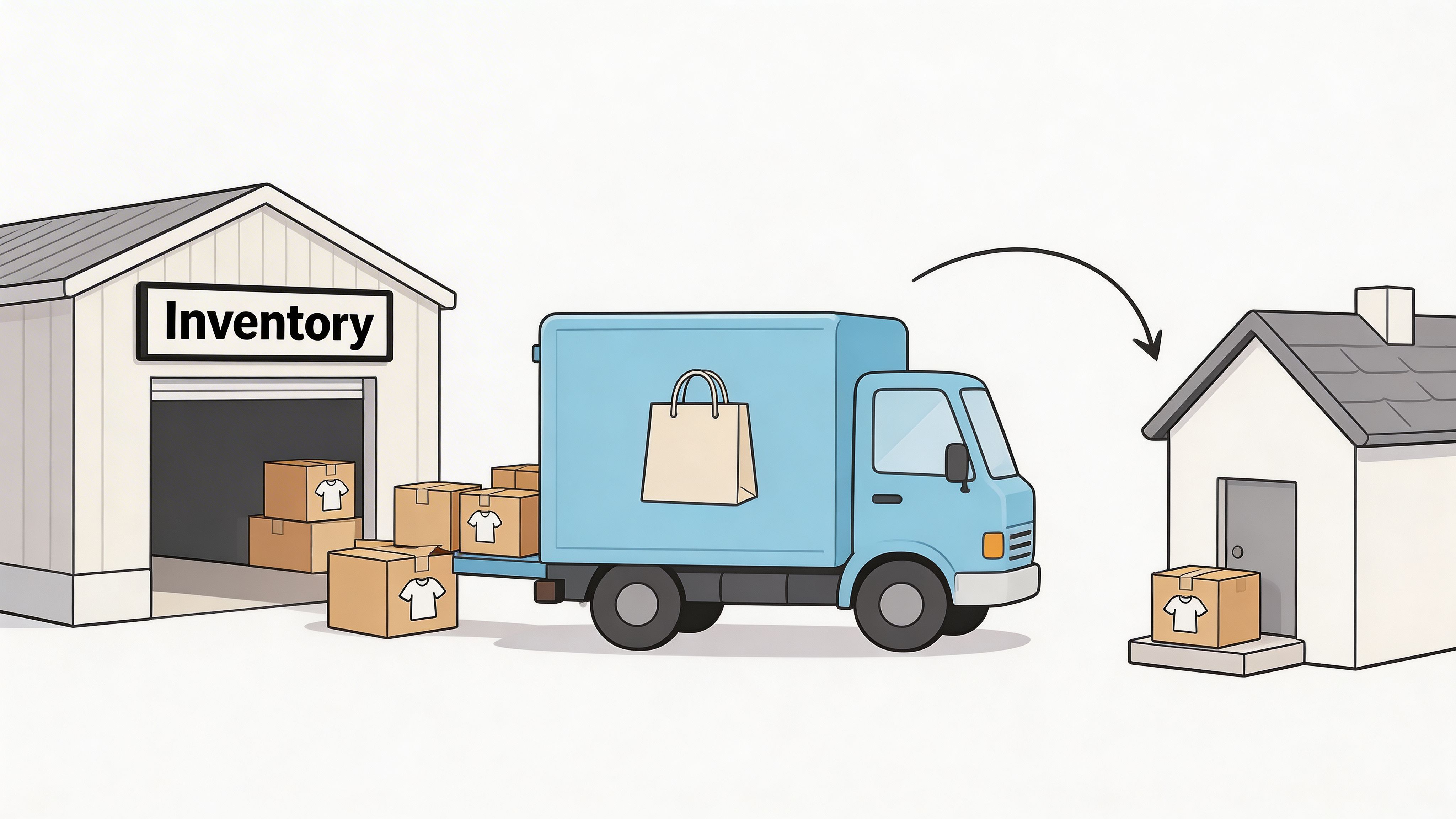 A delivery truck transporting apparel boxes from an inventory warehouse to a residential home for fulfillment.