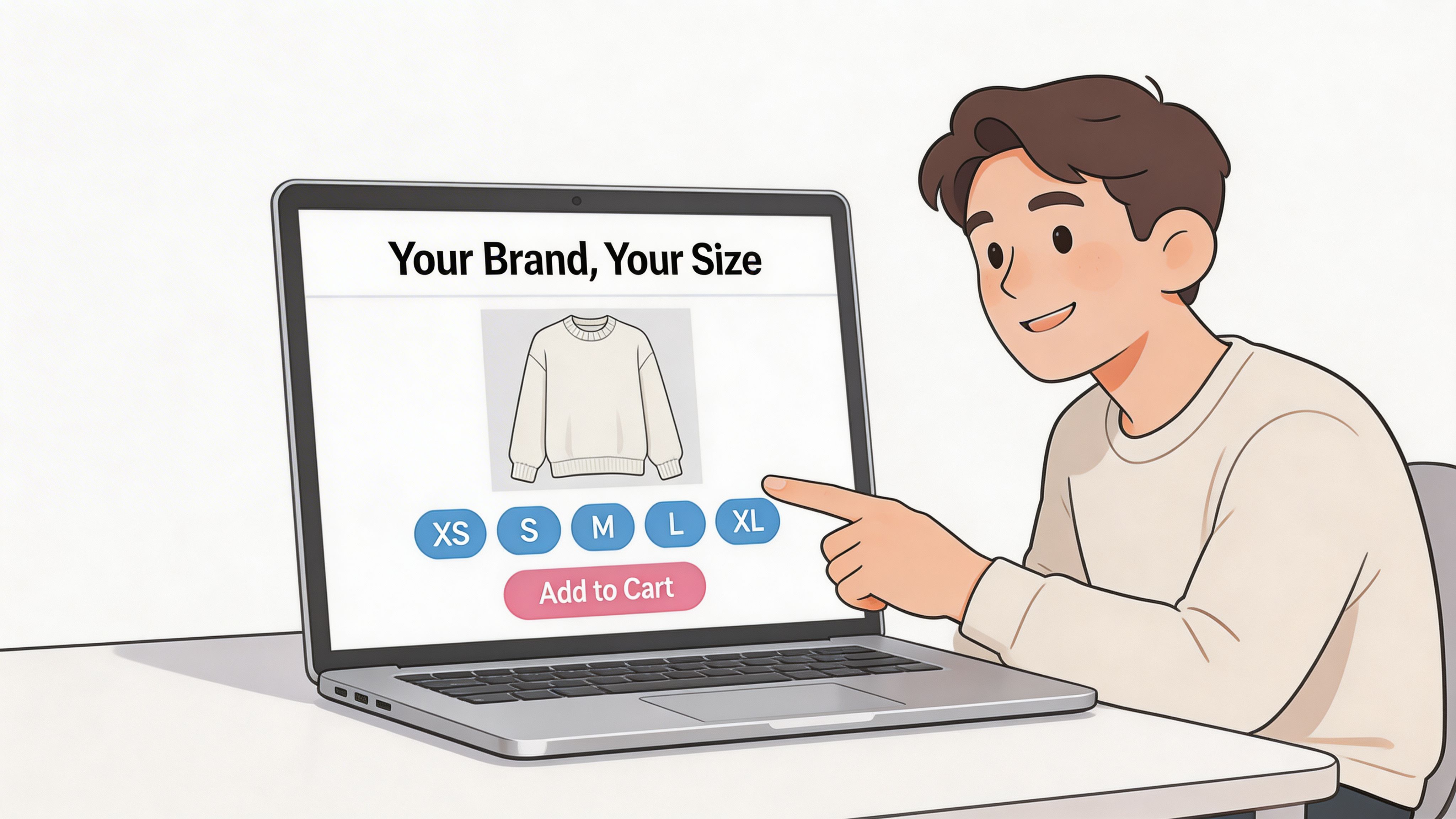 A young man shopping for a sweatshirt online on a laptop, selecting his clothing size on the website.