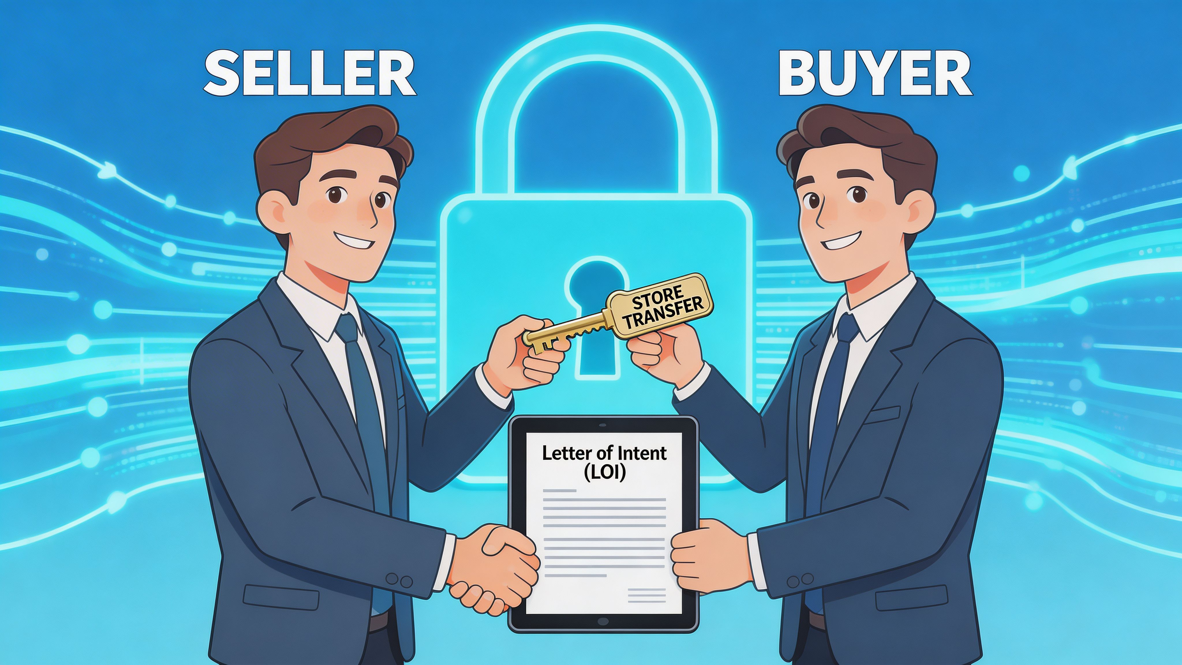A seller and a buyer shake hands while holding a digital contract for a store transfer.