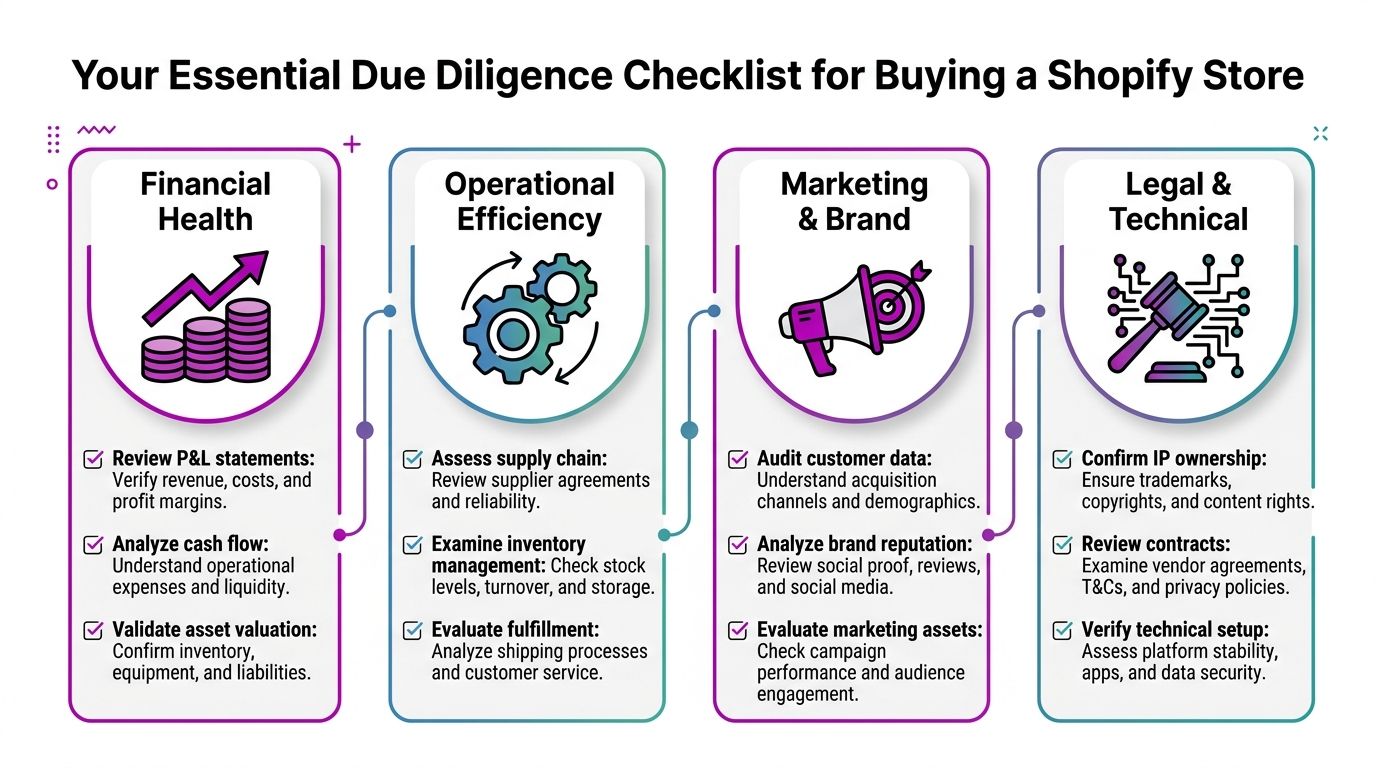 A comprehensive due diligence checklist for buying a Shopify store, covering financial, operational, marketing, and legal aspects.