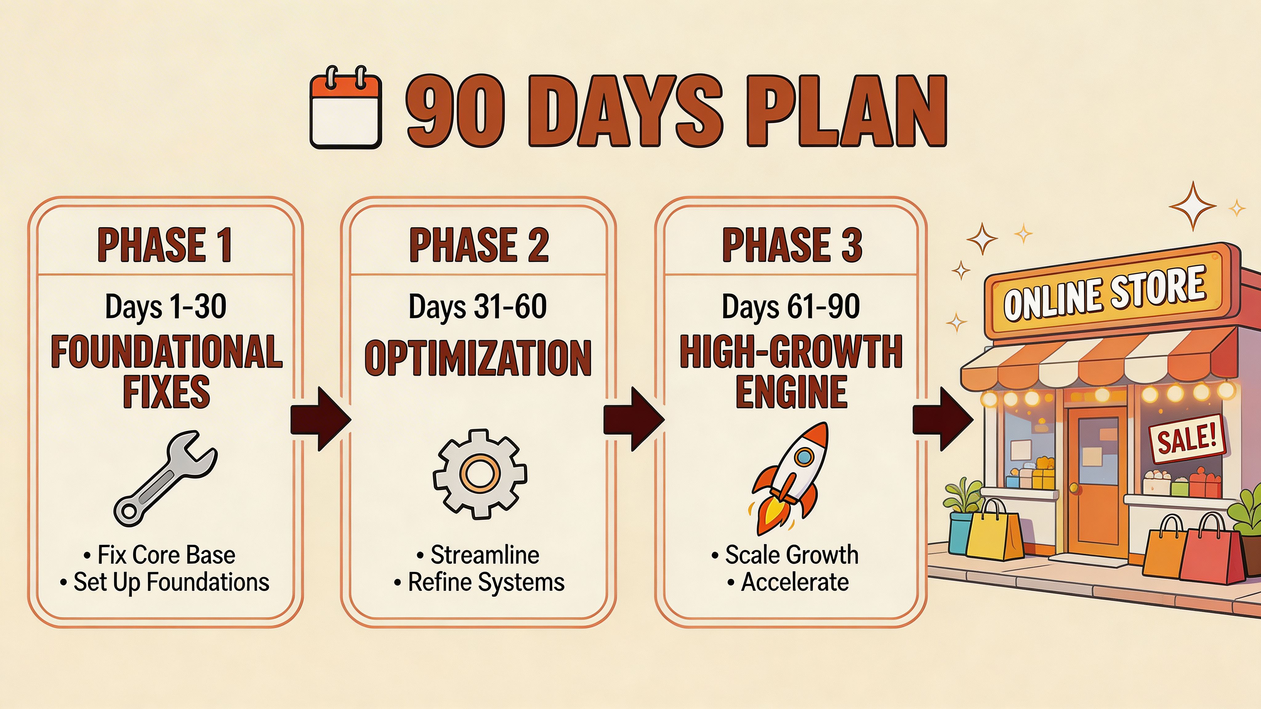 A 90-day plan infographic illustrating three phases for building and scaling a successful online store.