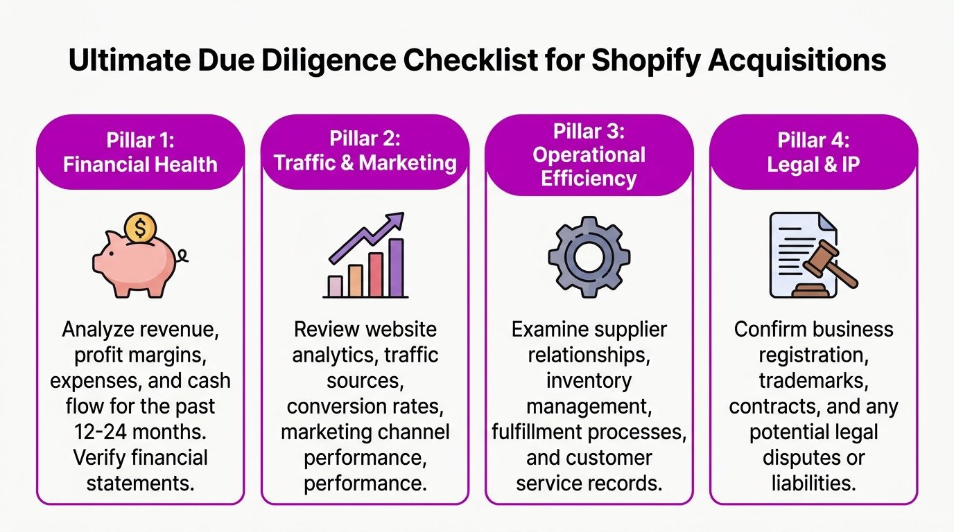 An infographic detailing a four-pillar due diligence checklist for those looking to acquire Shopify e-commerce businesses.