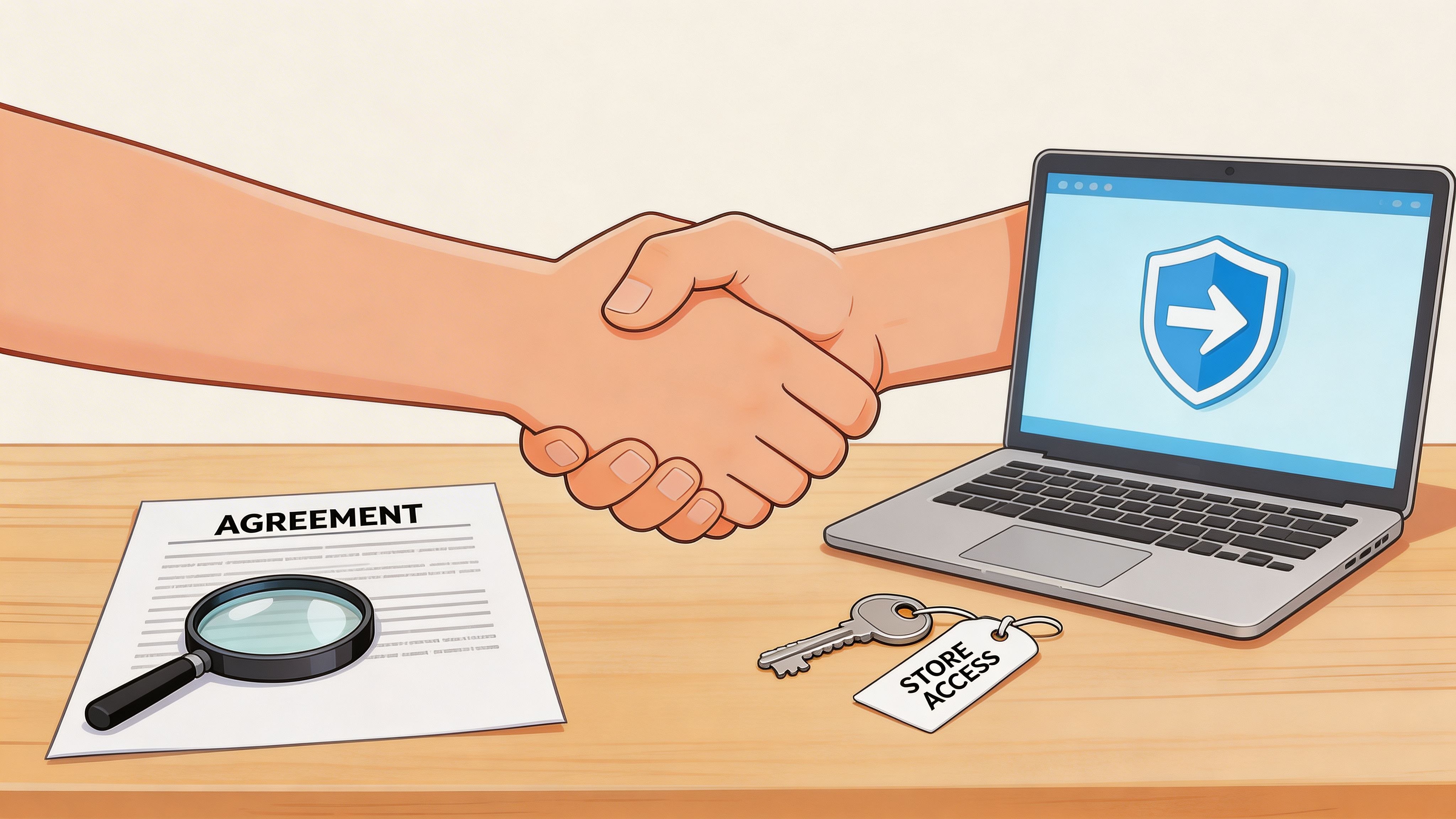 A handshake between a person and a digital device representing a secure store access agreement.