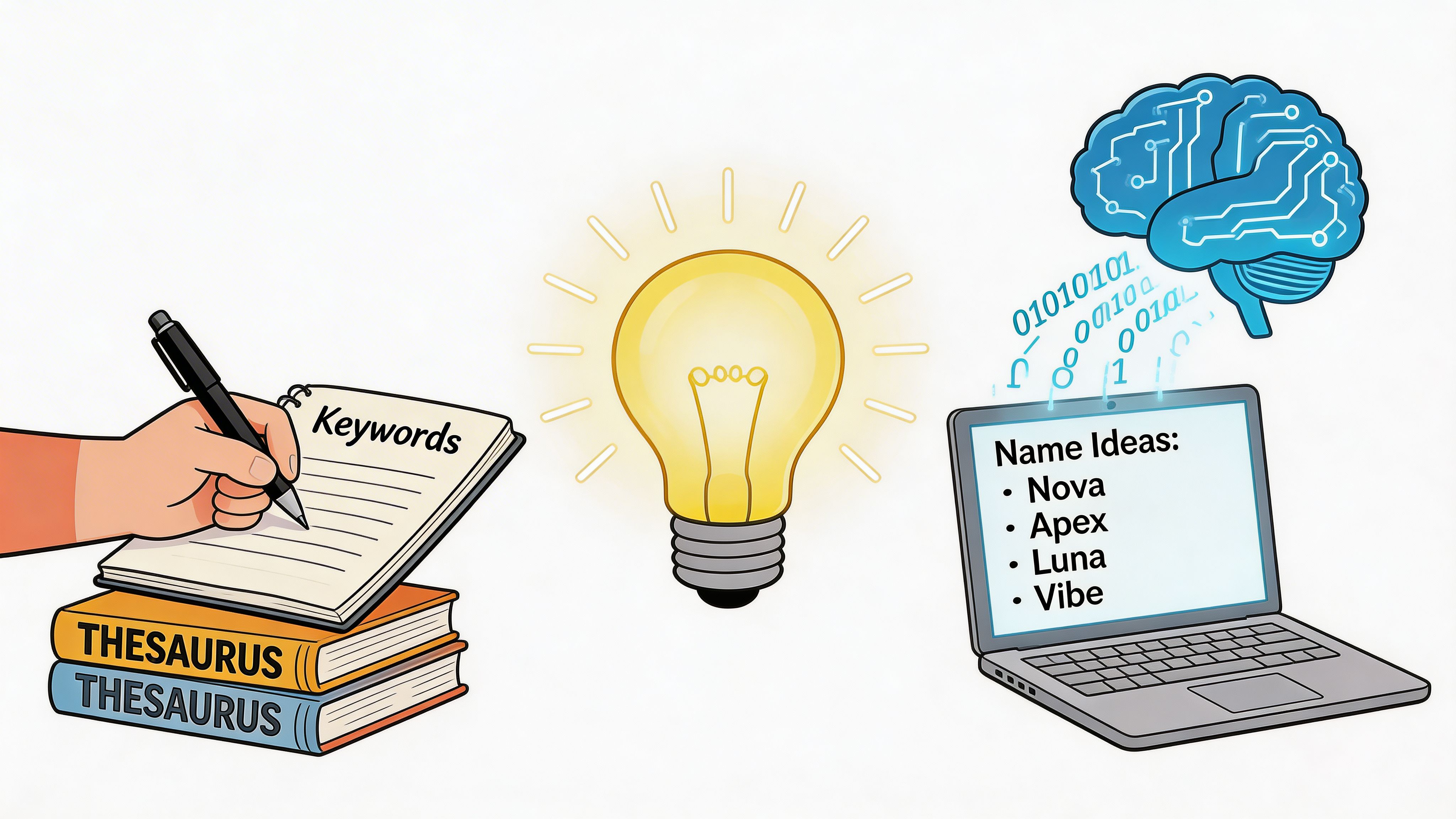A hand writing keywords in a notebook over thesaurus books, connected to laptop name ideas concept.