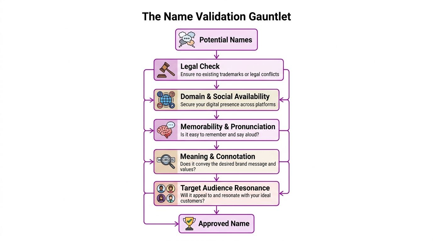 A flowchart titled The Name Validation Gauntlet illustrating the step-by-step process of approving a brand name.