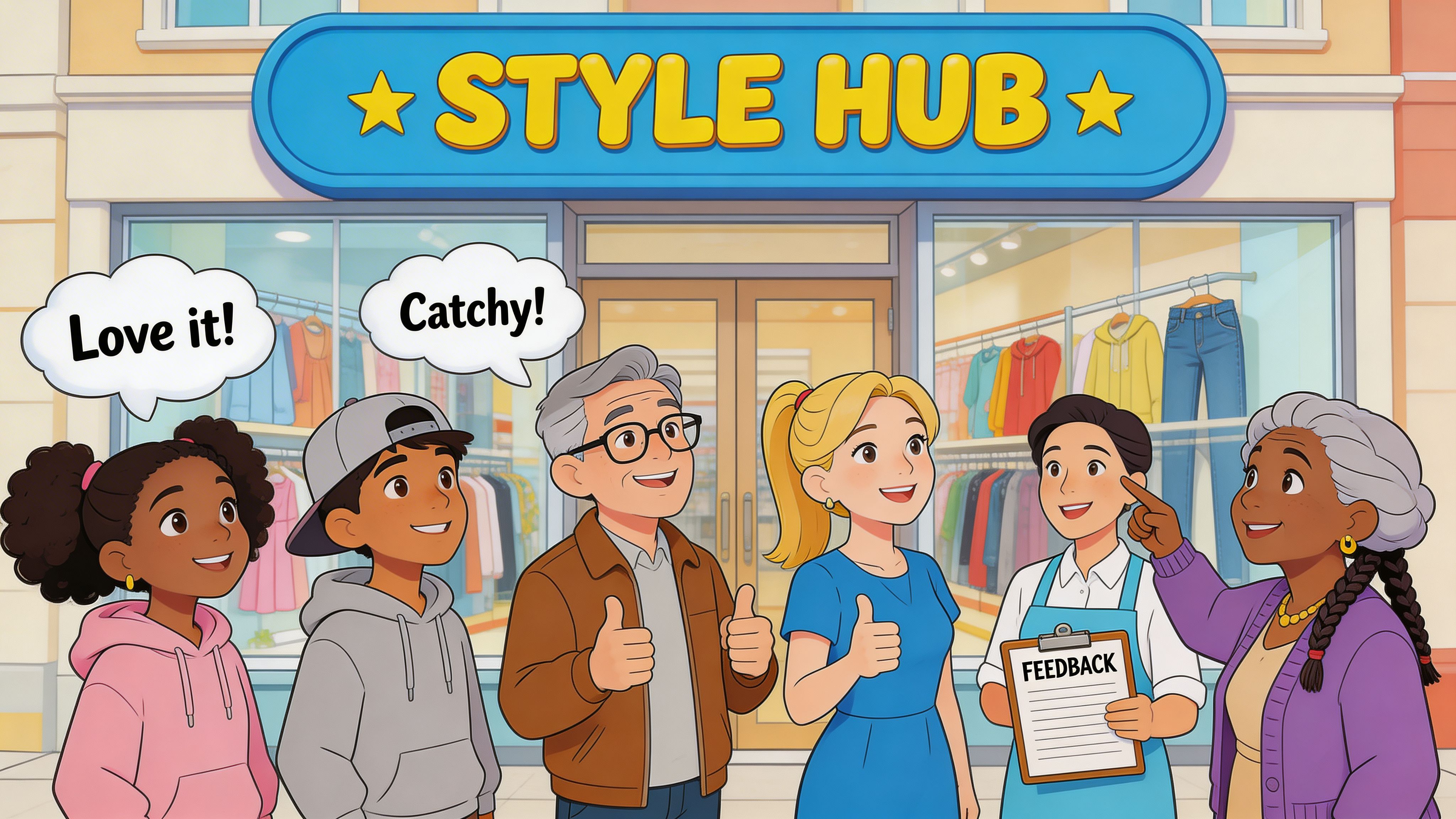 A diverse group of people of various ages standing outside a clothing store called Style Hub.