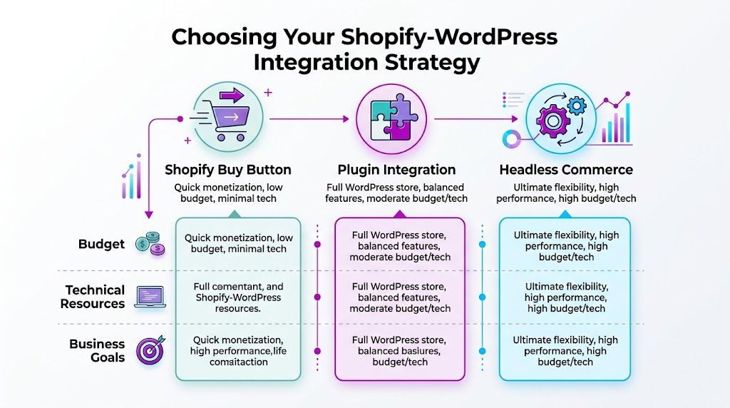 A diagram illustrating three strategies for integrating Shopify and WordPress: Buy Button, Plugin Integration, and Headless Commerce.