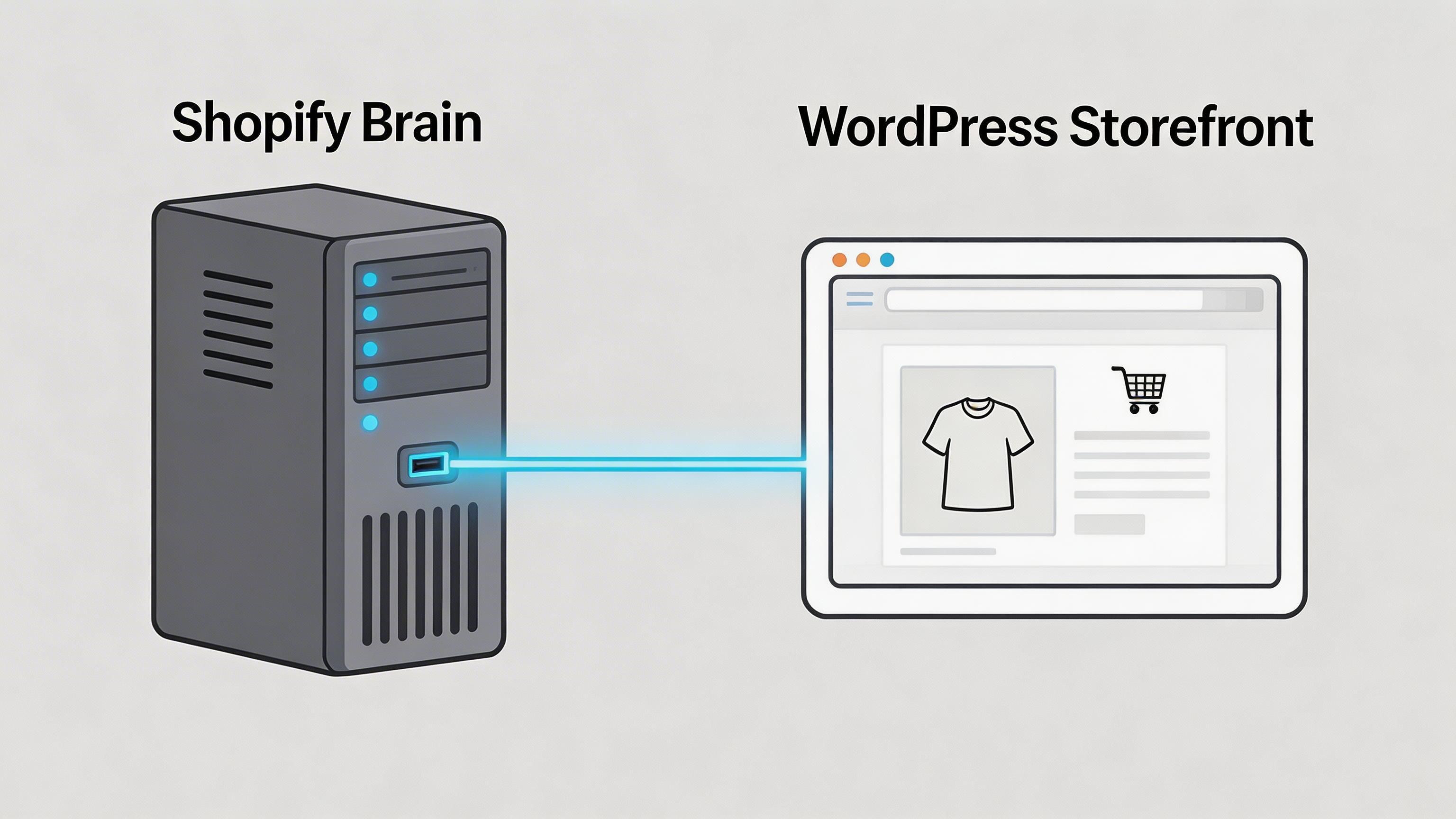 A diagram illustrating a Shopify backend server connected to a WordPress storefront interface for e-commerce integration.