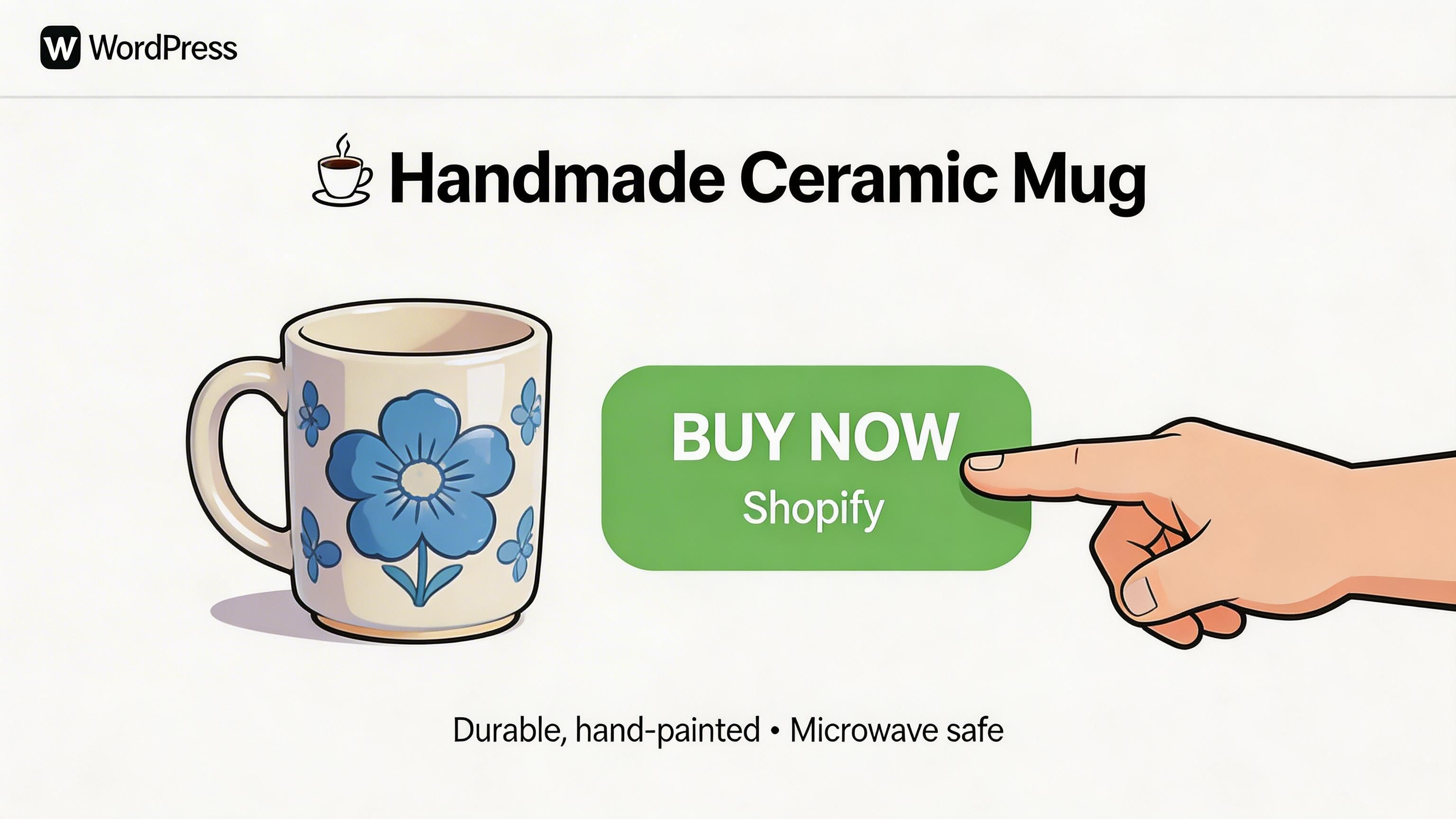 A hand pointing at a green buy now button for a handmade ceramic mug on a website.