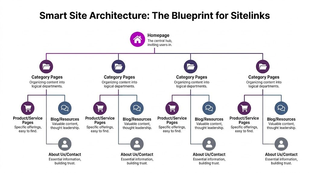A diagram illustrating a logical website architecture structure featuring a homepage, category pages, products, and blog resources.