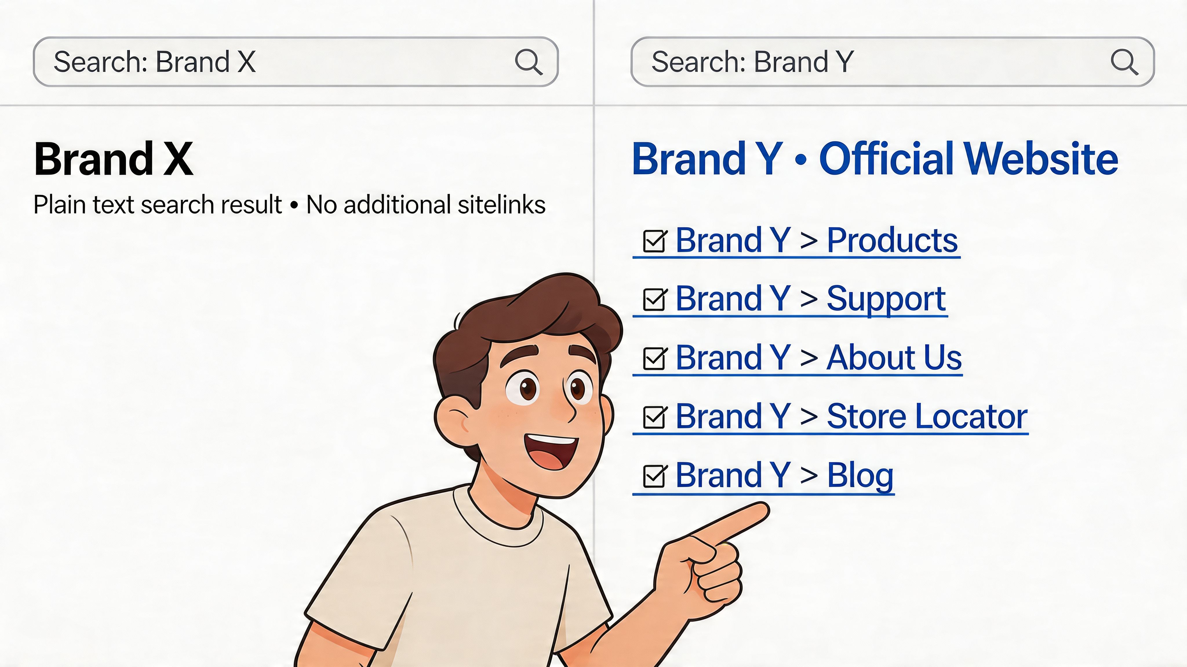A cartoon character pointing at Brand Y search results with sitelinks compared to Brand X plain text results.