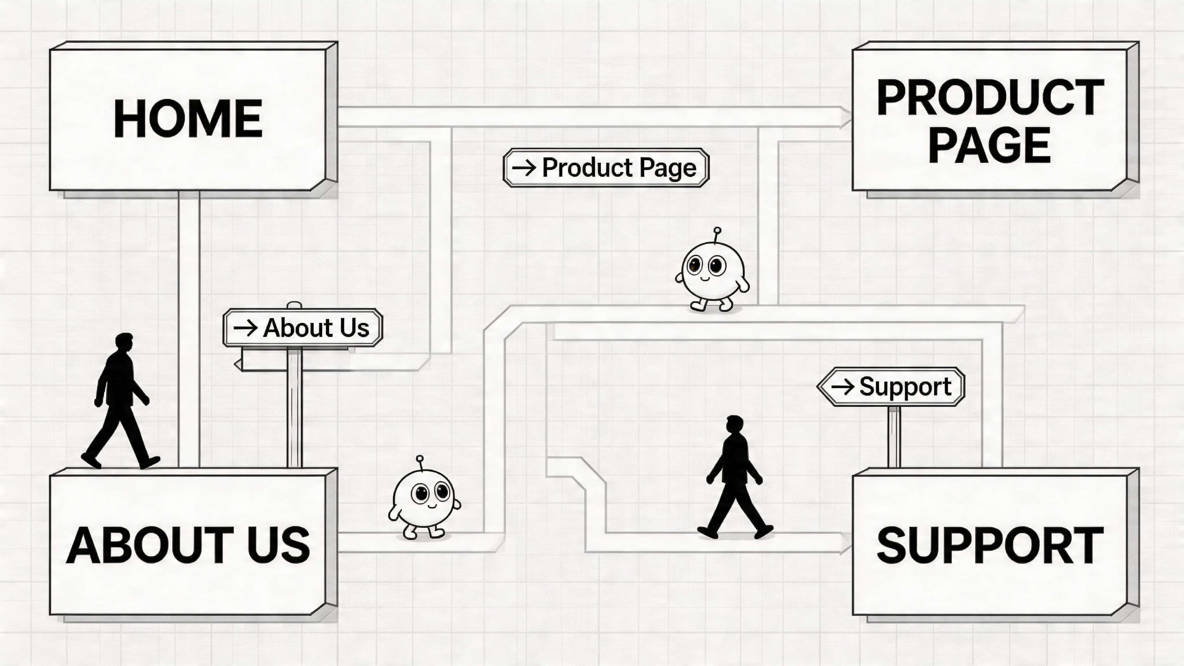 A flowchart illustration showing website navigation with icons of people and robots moving between page sections.