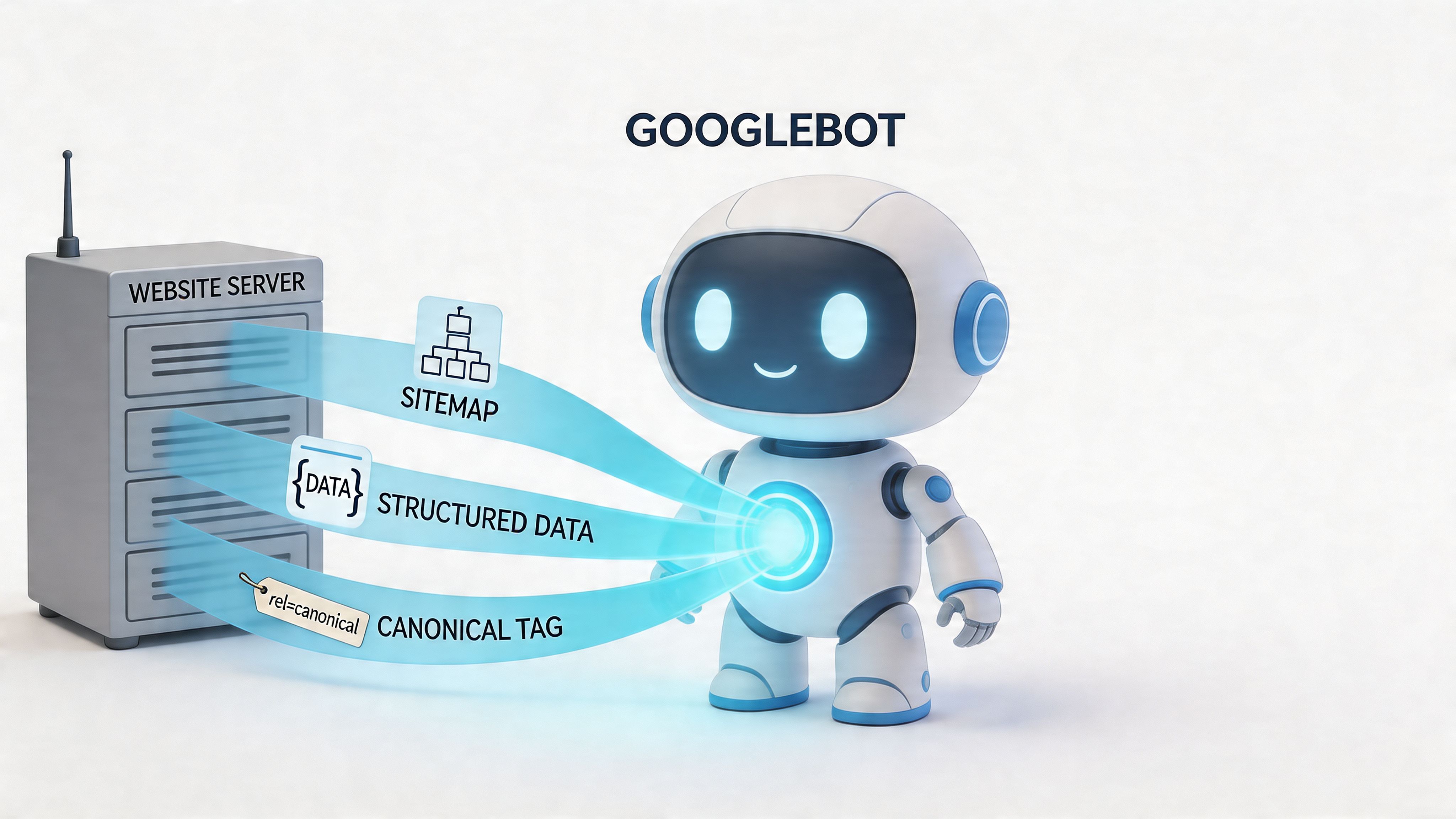 A 3D illustration of Googlebot collecting data from a website server using sitemaps, structured data, and canonical tags.