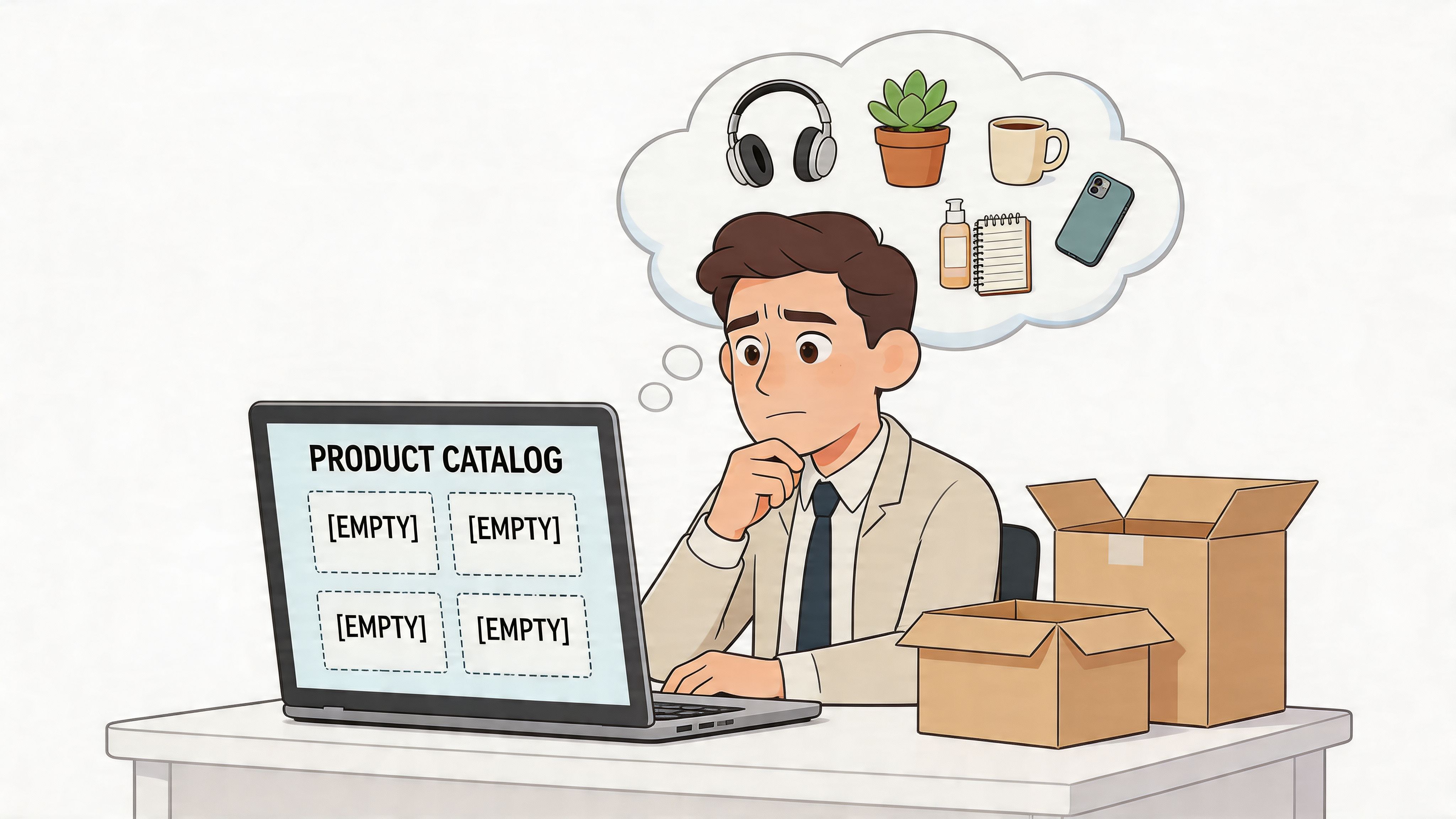 A confused businessman looking at an empty digital product catalog on his laptop screen while thinking about merchandise.