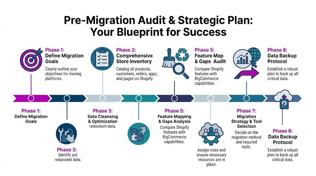 A visual roadmap outlining the eight-phase process for planning a strategic migration from Shopify to BigCommerce.